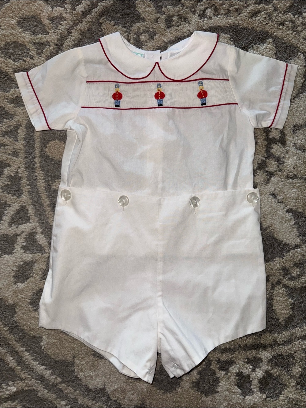 Bailey Babies 24M White Smocked Toy Soldier Romper Peter Pan Collar Christmas